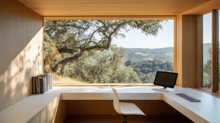 Aufkleber - Wooden Office With Panoramic View Of Rolling Hills And Trees