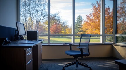 Poster - Autumnal View From Office Desk With Computer And Chair