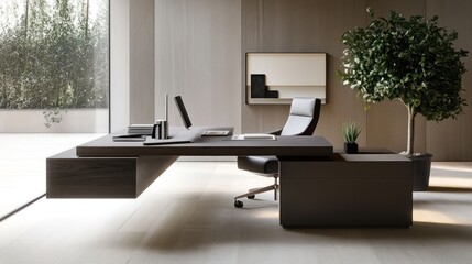 Poster - Modern minimalist office workspace with large desk and plant