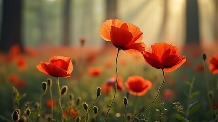 Wall Mural - Vibrant Red Poppies in a Sunlit Field