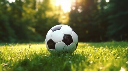 A classic black and white soccer ball is placed on lush green grass under a bright sun in a tranquil park environment. It's a perfect day for playing or practicing outdoor sports with friends