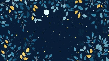 Wall Mural -   A nighttime scene featuring a dark blue sky, yellow-blue foliage surrounding a white orb, and a distant full moon