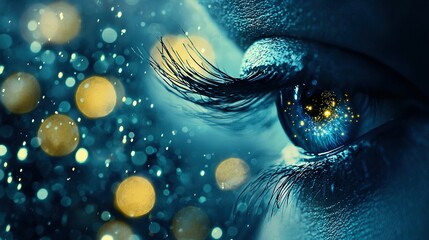 Wall Mural -   A close-up of a person's eye with a blurry background and bokeh of lights in the backdrop
