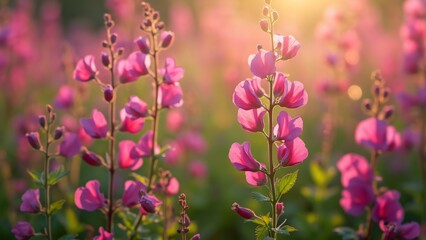 Wall Mural - Vibrant Pink Flowers in Golden Sunset Meadow