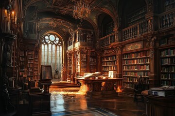 Poster - Ornate library, bookshelves, sunlight, old books, grand space.