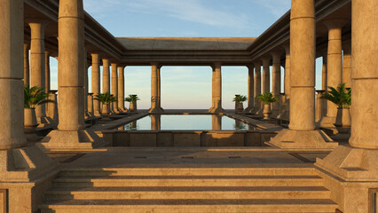Aufkleber - Ancient Egyptian pool garden atrium with stone columns. Blue sky is reflected in the water at sunset. 3D rendered illustration.