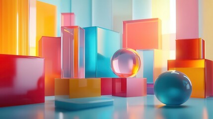 Canvas Print - 3D abstract shapes, floating geometric objects in vibrant colors, depth and perspective in a futuristic setting