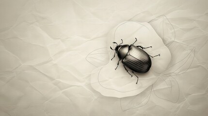 Wall Mural -   A beetle sits on white paper atop crumpled sheets
