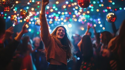 Wall Mural - Festive holiday party, guests laughing and dancing, vibrant lights and decorations, joyful and celebratory atmosphere