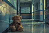 A teddy bear is sitting on the floor in a hallway