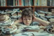 © Andrei - A boy is sitting on a desk with a pile of books and papers