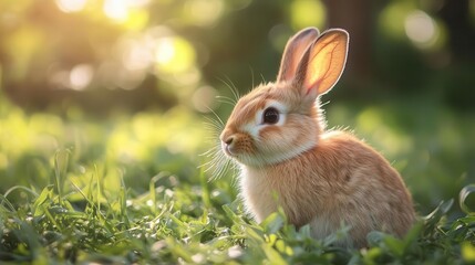 Rabbit nibbling on fresh grass in a meadow, soft sunlight highlighting fur, calm and peaceful nature scene