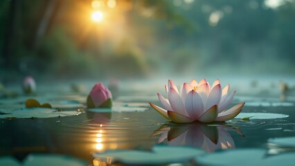 Wall Mural - Serene Pink Lotus Blossoms on Calm Water at Sunrise