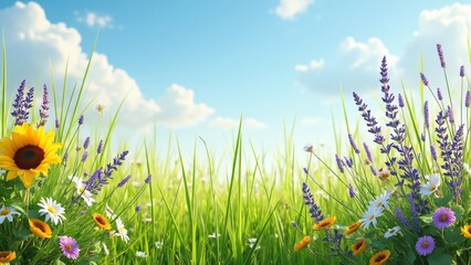 Wall Mural - Vibrant Summer Meadow Landscape with Sunflowers and Lavender