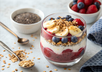 Poster - A glass filled with a layered smoothie of red fruit, nuts, blueberries, and bananas is accompanied by a bowl of granola and a spoon.