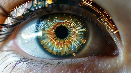 Leinwandbilder - A close-up view reveals a human eye integrated with digital circuits and glowing patterns, representing the fusion of technology and humanity.
