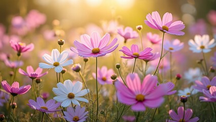 Wall Mural - Vibrant Pink and White Cosmos Flowers Field at Sunset