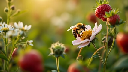 Wall Mural - Honeybee Pollinating Flower in Summer Meadow