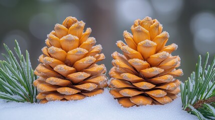 Canvas Print - Two frosted pine cones on snow.