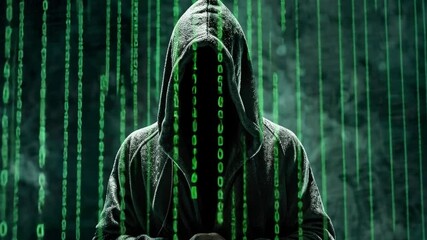 Poster - A cloaked figure stands shrouded in darkness, surrounded by cascading green binary code. The atmosphere is enigmatic, suggesting a connection to technology and secrecy.