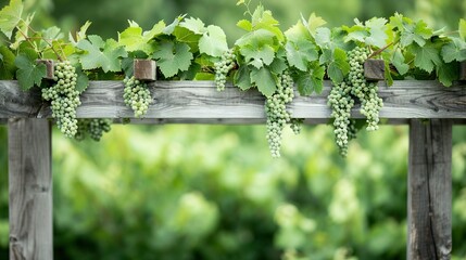 Wall Mural -   A group of grapes grows on a wooden trellis against a green backdrop