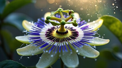 Wall Mural - Stunning Passion Flower Macro Photography Dew Drops