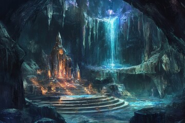 Poster - Subterranean temple, waterfall, glowing stone steps.