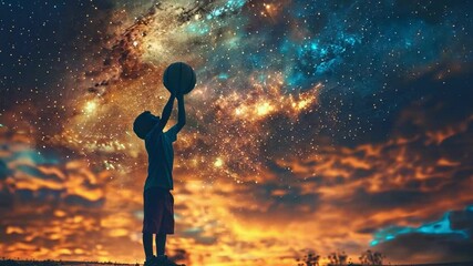 Poster - In a breathtaking moment, a child stands silhouetted against a spectacular cosmic display, lifting a basketball high. The sky is alive with swirling galaxies and brilliant colors as the sun sets.