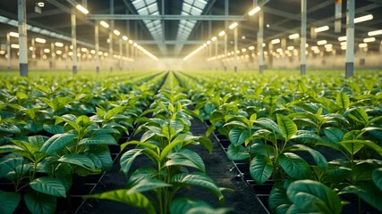 Poster - Rows of lush green plants flourish under bright artificial lights in a spacious indoor greenhouse, showcasing healthy growth and nurturing care.
