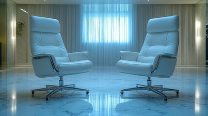 Wall Mural - Two white leather chairs facing each other in a modern room.