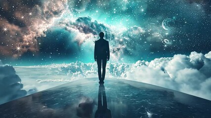 Poster - A figure stands on a reflective pathway surrounded by billowing clouds while gazing into a stunning cosmic vista filled with stars and galaxies. The atmosphere is dreamlike and enchanting.
