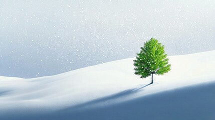 Wall Mural -   Small green tree surrounded by white snowfield with snowflakes beneath, blue sky overhead