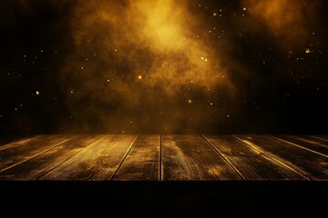 Poster - A country-style wooden table in front of glistening black and gold bokeh lights