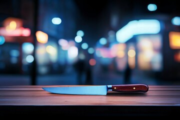 Wall Mural - Wooden table set against a blurred abstract background of restaurant lighting