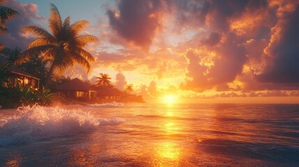 Canvas Print - Vibrant sunset over tropical beach bungalows.