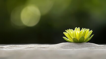  A tiny yellow bloom atop a white-sanded terrain near a leafy green tree