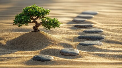 Poster - Tranquil Bonsai Tree and Pathway of Stones in Soft Sand Landscape