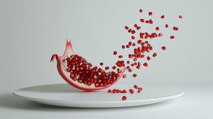 Wall Mural - Pomegranate with bright red seeds spilling out of a sliced shell, placed on a white plate under soft natural light, clean and fresh design,