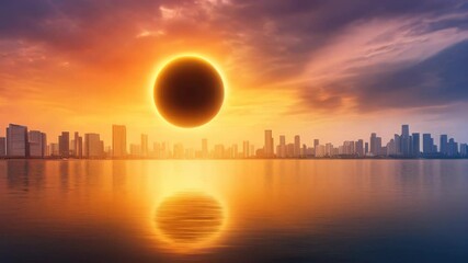 Aufkleber - Stunning Eclipse Over City Skyline at Sunset Ignites the Horizon With Vibrant Colors