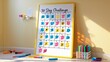 © AlIKY - Colorful 30-day challenge chart with markers in sunny room