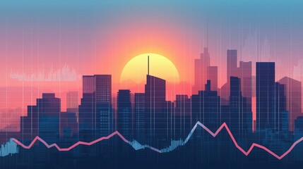 Poster - Sunset over a City Skyline with Graphs and Data Visualization Elements