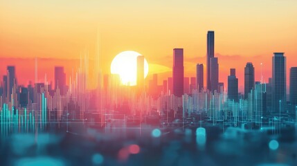 Poster - Urban Skyline with Sunset and Digital Waveform Visualization