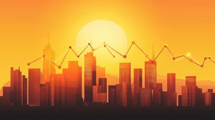 Poster - Orange Sunrise Over City Skyline with Financial Chart Overlay