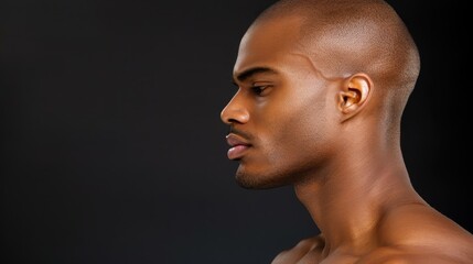 Wall Mural - A striking profile portrait featuring a handsome bald man, exuding confidence and strength while looking contemplatively down.