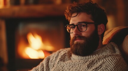 Wall Mural - Man with a thick beard and glasses, sitting in a cozy sweater near a fireplace, warm lighting, homey and minimalistic background