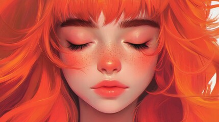 Wall Mural - A freckled-faced woman with vivid red hair, captured in a soft and natural setting, creates a warm and artistic mood, emphasizing a detailed and joyful focus.