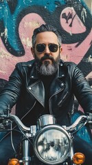 Wall Mural - Stylish man with a beard wearing sunglasses and a leather jacket leaning on a vintage motorcycle, urban background with graffiti wall,