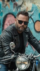 Wall Mural - Stylish man with a beard wearing sunglasses and a leather jacket leaning on a vintage motorcycle, urban background with graffiti wall,