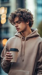 Wall Mural - Young man with curly hair, wearing a hoodie, drinking coffee outdoors, blurred urban background, natural light, relaxed and minimalistic style