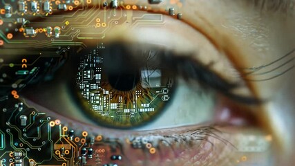 Leinwandbilder - An eye reveals stunning features enhanced by intricate circuitry and artificial intelligence elements. The unique merge emphasizes technology and human vision in brilliant 4K quality.